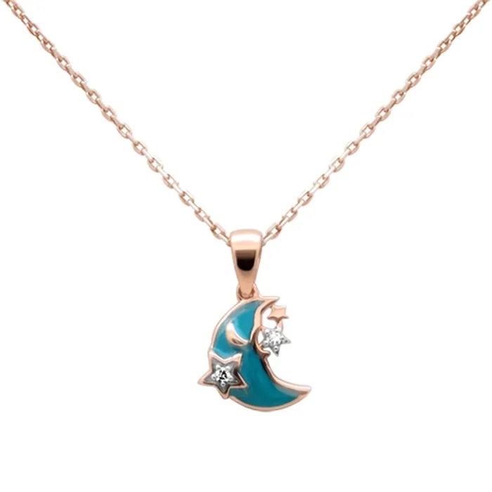 .02ct G SI 14K Rose Gold Blue Enamel Star & Moon Diamond Pendant Necklace 18″ Chain