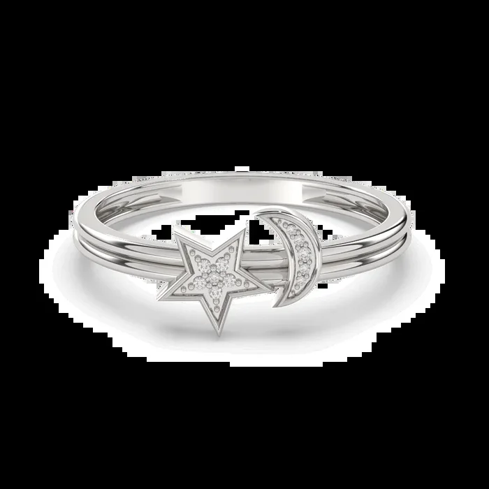 .03ct G SI 14K White Gold Diamond Half Moon & Star Band Ring Size 6.5
