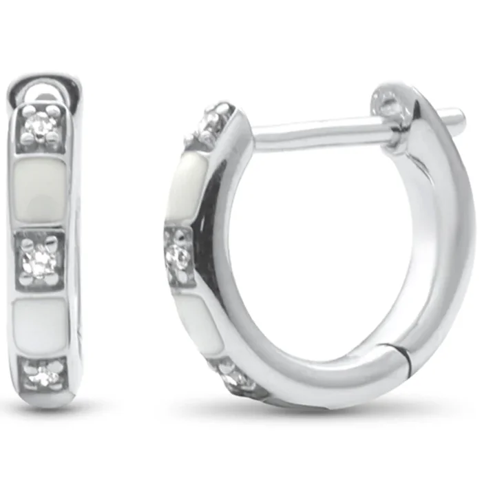 .04ct G SI 14K White Gold Diamond & White Enamel Hoop Earrings