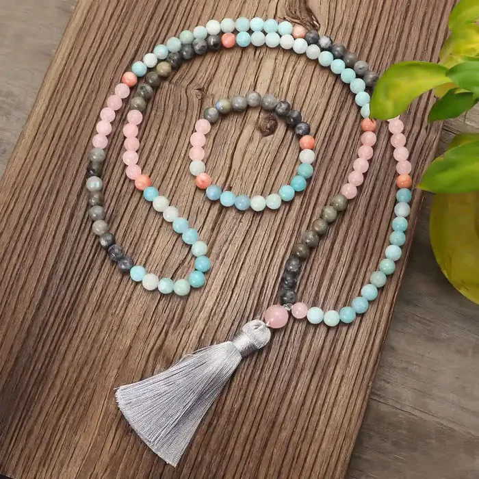 108 Mala Beads Amazonite Black Glitter Stone Positive Tassel Bracelet (Extra 30% Off USE CODE FS30)