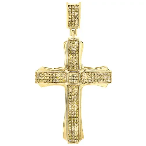 10K Gold Canary Yellow Diamond Cross Pendant Mens Pave Set Design Charm 0.40 Ct.