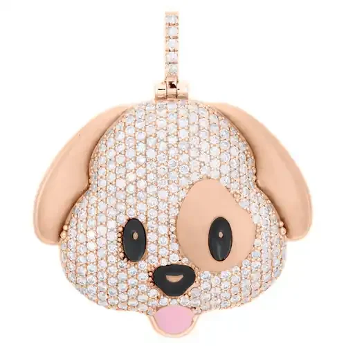10K Rose Gold Diamond Puppy Dog Emoji Pendant 1.70″ Enamel Pave Charm 2.75 CT.