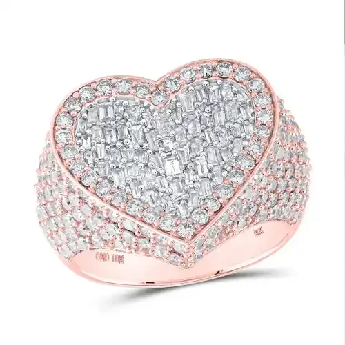 10K Rose Gold Genuine Baguette Diamond Women‘s Cluster Big Heart Ring 2.75 CT