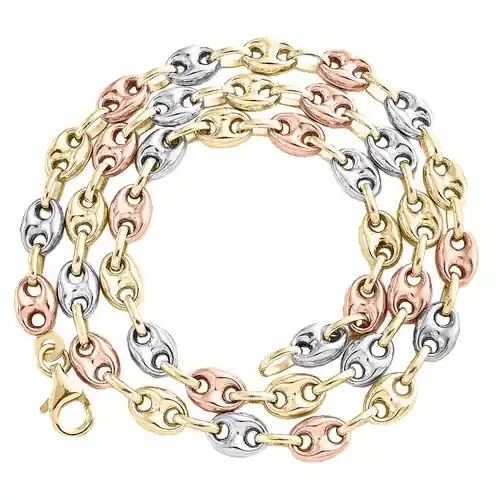 10K Tri Color Gold 3D Hollow Puff Gucci Mariner Link Chain 6mm Necklace 20″