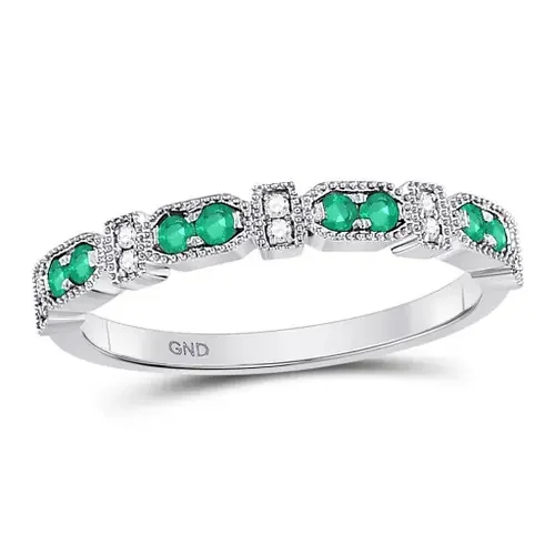 10K White Gold Genuine Diamond & Emerald Milgrain Geometric Band Ring 1/4 TCW