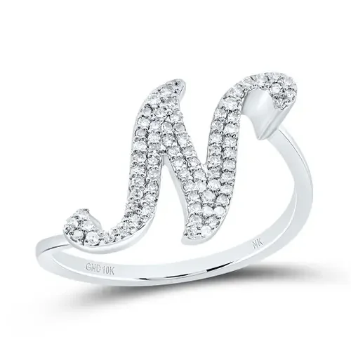 10k White Gold Genuine Diamond Cursive Font Letter N Initial Bypass Ring 1/4 CT