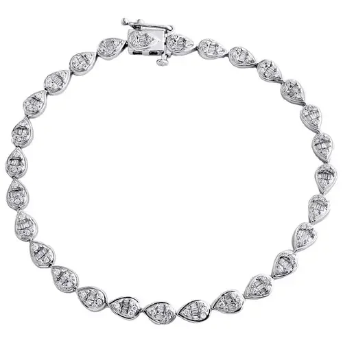 10K White Gold Round & Baguette Diamond Pear Shape 7.25″ Tennis Bracelet 1 CT.