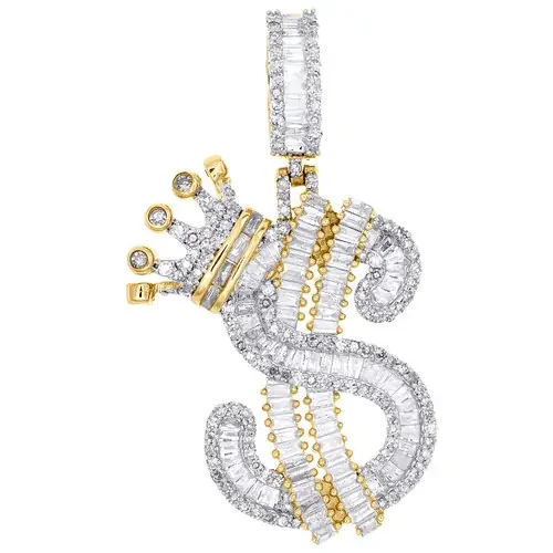 10K Yellow Gold Baguette Diamond Men‘s Iced Dollar Sign w/ Crown Pendant 1 CT