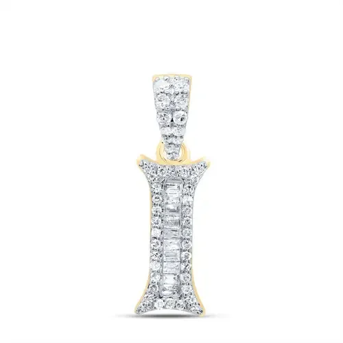 10K Yellow Gold Baguette Diamond Old English Block Font Initial I Pendant 1/5 CT