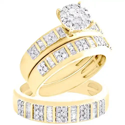 10K Yellow Gold Diamond Trio Set Bar Bridal Set + Matching Wedding Band 1 CT