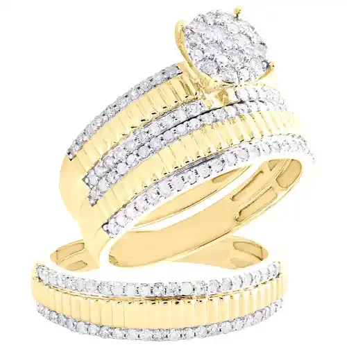 10K Yellow Gold Diamond Trio Set Circle Bridal Set + Fluted Wedding Band 1 CT