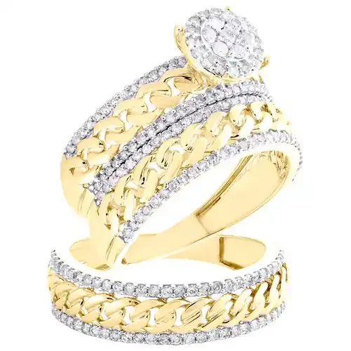 10K Yellow Gold Diamond Trio Set Cuban Link Bridal + Matching Wedding Band 1 CT