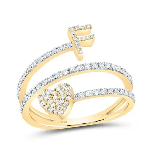 10K Yellow Gold Diamond Women‘s Block Letter F Initial & Heart Wrap Ring 3/8 CT