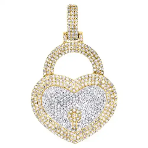 10K Yellow Gold Diamond Women‘s Key To My Heart Love Pad Lock Pendant 1.19 CT