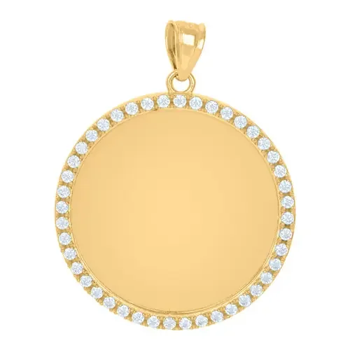 10K Yellow Gold Round CZ Men‘s 1.35″ 1 Row Circle Picture Memory Frame Pendant