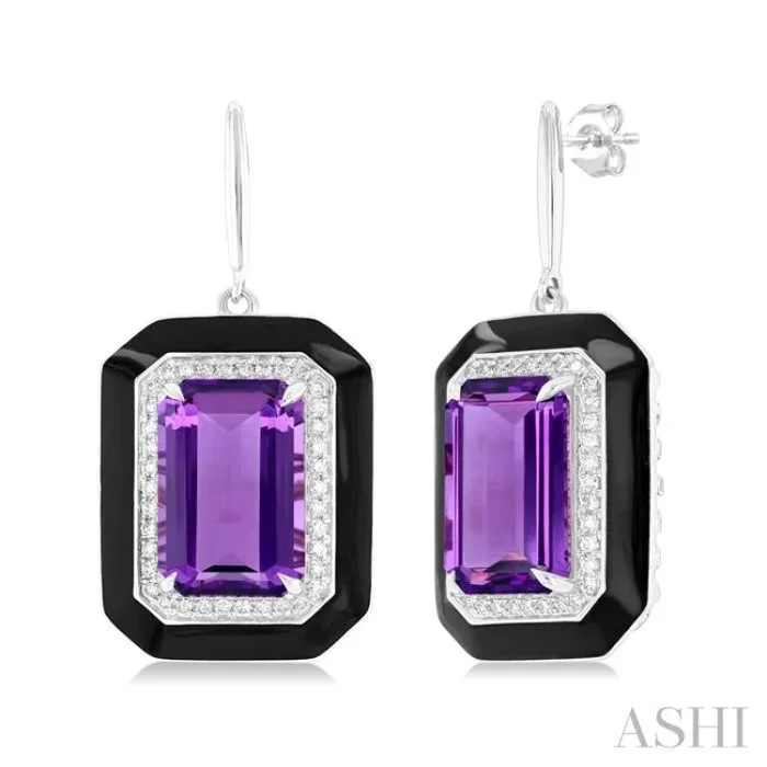 12×8 MM Emerald Cut Amethyst and 1/3 Ctw Round Cut Diamond Halo & Black Enamel Border Semi-Precious Earrings in 14K White Gold