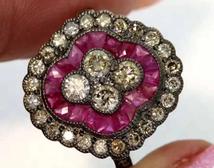 13.05CTS ART DECO DIAMOND RUBY CLUSTER RING SG-2810
