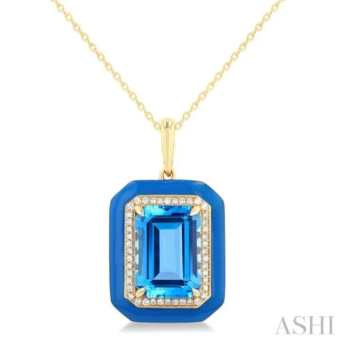 14×10 MM Emerald Cut Blue Topaz and 1/5 Ctw Round Cut Diamond Halo & Blue Enamel Border Semi-Precious Pendant With Chain in 14K Yellow Gold