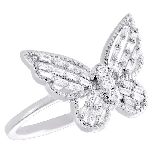14K White Gold Baguette Diamond Women‘s Milgrain Butterfly Cocktail Ring 1/4 CT
