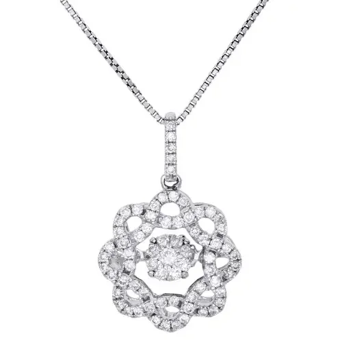 14K White Gold Diamond Wreath Twist Pendant Dancing Diamond Cluster Charm .38 CT