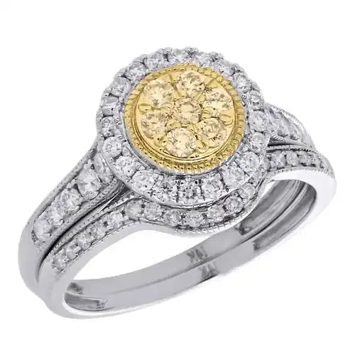 14K White Gold Natural Yellow Diamond Flower Engagement Ring Bridal Set 0.75 Ct