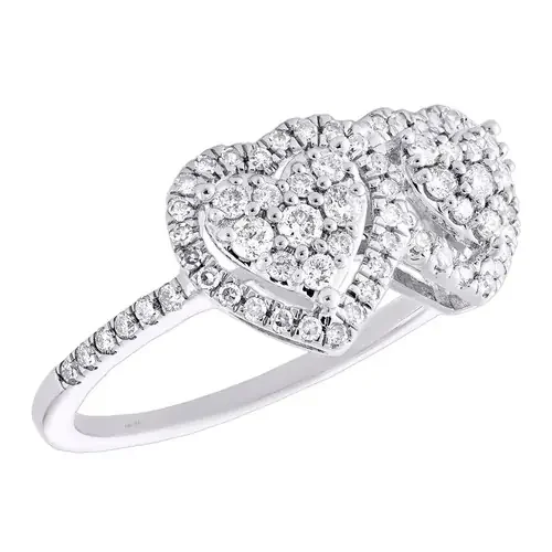 14K White Gold Round Diamond Women‘s Double Heart Halo Right Hand Ring 1/2 CT