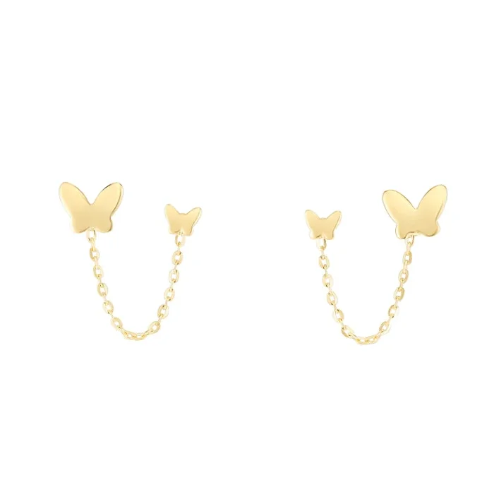 14K Yellow Gold Duo Butterfly Chain Earrings. Intended to wear in two holes.
