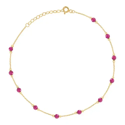 14K Yellow Gold Pink CZ Women‘s Diamond Cut Bead Stationed Anklet 9″ + 1″ Ext