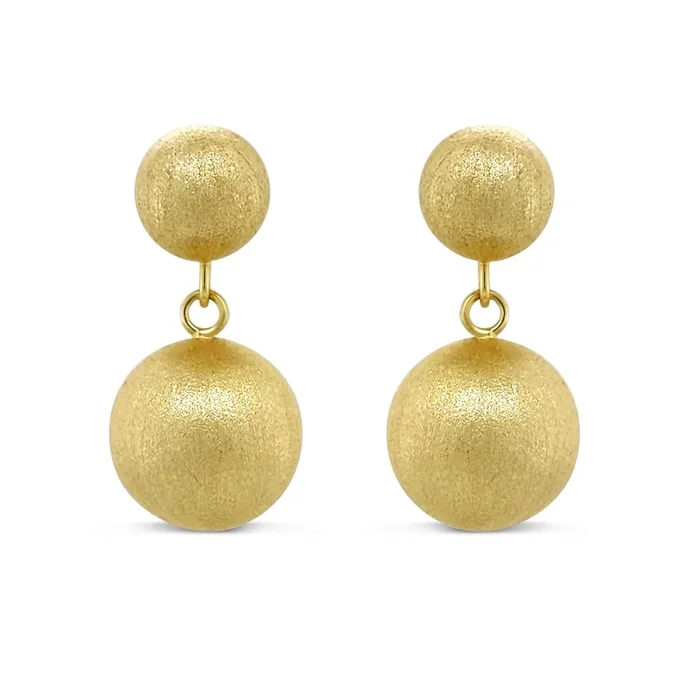 14K YELLOW GOLD PLATED STERLING SILVER BRUSHED DOUBLE BALL DROP EARRINGS