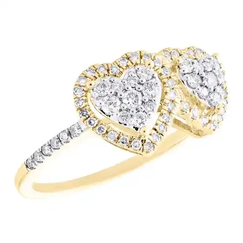 14K Yellow Gold Round Diamond Women‘s Double Heart Halo Right Hand Ring 1/2 CT