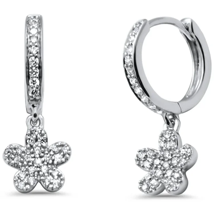 .18ct G SI 14K White Gold Diamond Flower Petite Hoop Earrings Post & Click