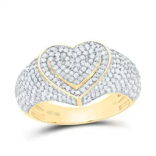 925 Silver Gold Plated Real Diamond Dome Cluster Tiered Heart Cocktail Ring 1 CT