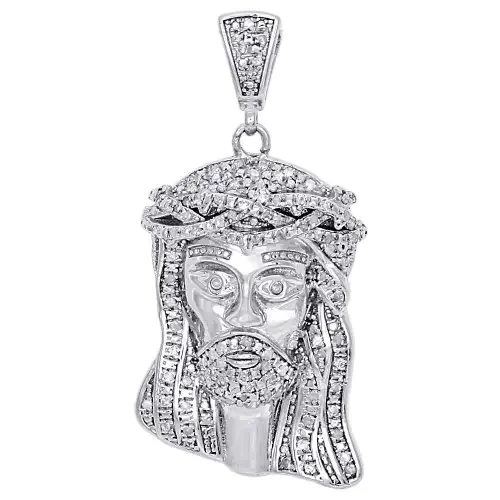 .925 Sterling Silver Mens Real Diamond Mini Micro Jesus Face Pendant Charm 1.40″.