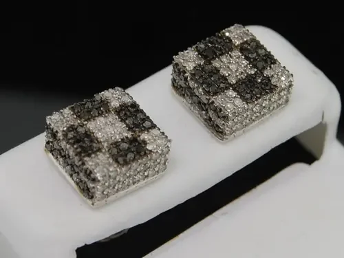 Black Diamond Checkered Earrings .925 Sterling Silver Mens Square Studs 1.15 Ct.