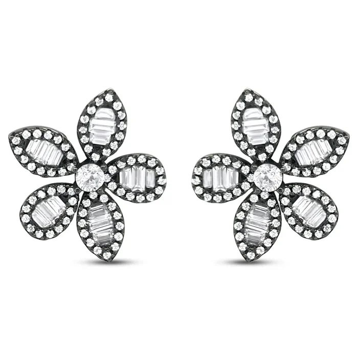 BLACK RHODIUM PLATED STERLING SILVER FLOWER BAGUETTE CZ STUD EARRINGS