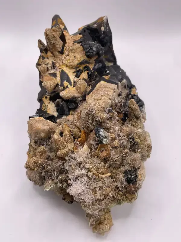 Black Tourmaline with Smoky Quartz and Hyalite Opal from Erongo Mountain, Erongo Region, Namibia
