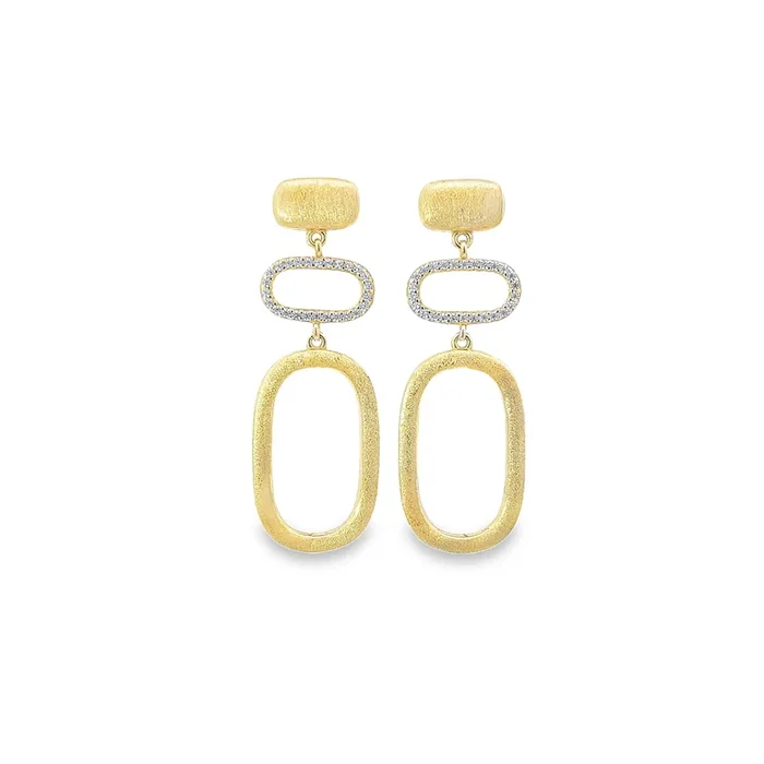BRUSHED MATTE YELLOW GOLD PLATED STERLING SILVER & CZ SHAPE DANGLE EARRINGS