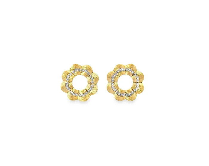BRUSHED YELLOW GOLD PLATED STERLING SILVER & CZ WAVY CIRCLE STUD EARRINGS