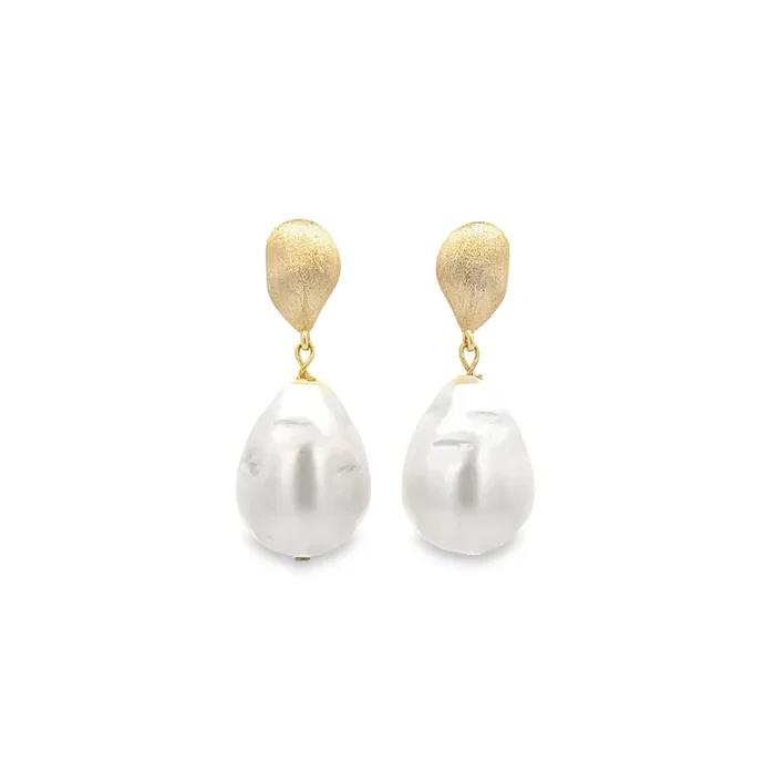 BRUSHED YELLOW GOLD PLATED STERLING SILVER & PEARL DROP EARRINGS