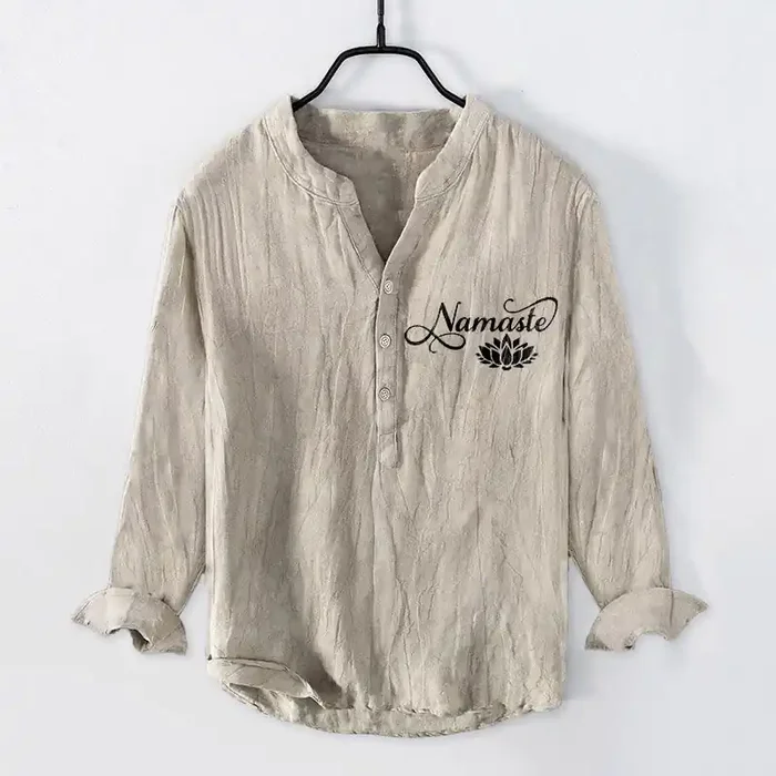 Buddha Stones “Namaste” Lotus Flower Half Buttons Design Long Sleeve Men‘s Cotton Linen Shirt