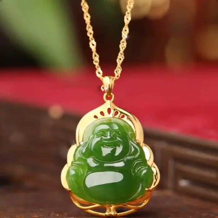 Buddha Stones 925 Sterling Silver Natural Hetian Cyan Jade Laughing Buddha 18K Gold Healing Necklace Chain Pendant