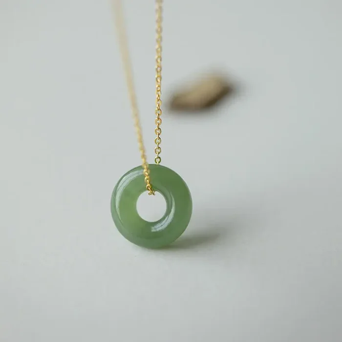 Buddha Stones 925 Sterling Silver Plated Gold Hetian Jade Peace Buckle Necklace Pendant