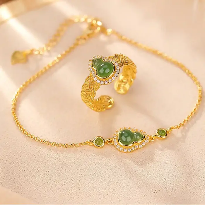 Buddha Stones 925 Sterling Silver Plated Gold Natural Hetian Cyan Jade Gourd Luck Bracelet Ring Set