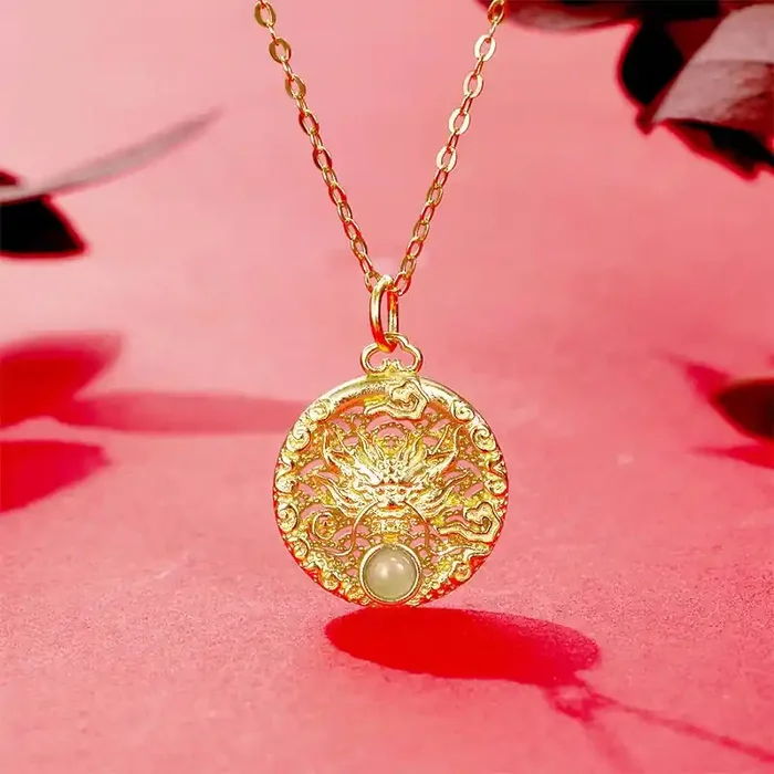 Buddha Stones 925 Sterling Silver Year Of The Dragon Round Natural Hetian Jade Inlaid Strength Necklace Pendant (Extra 30% Off USE CODE FS30)