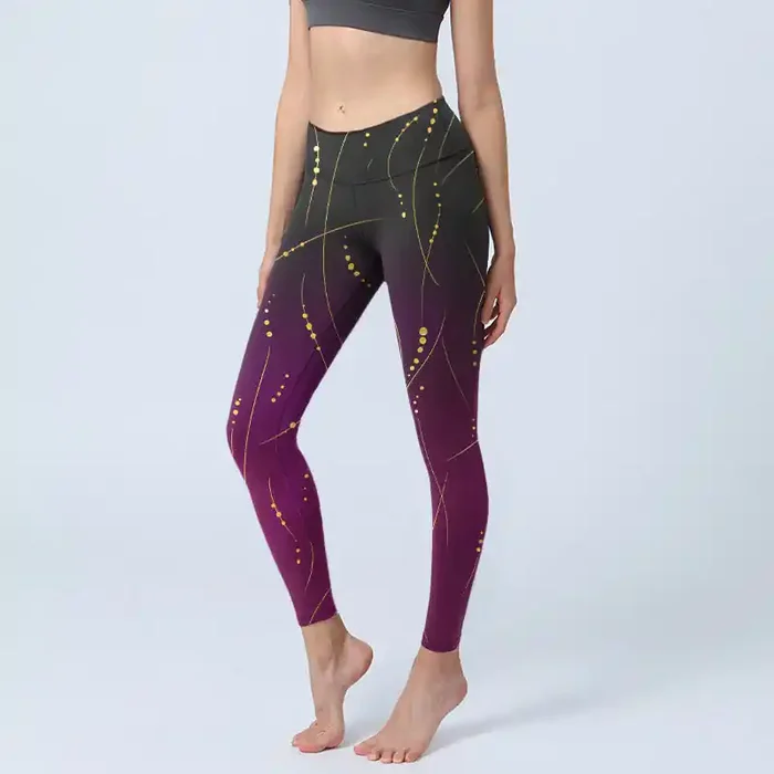 Buddha Stones Abstract Gradient Thin And Long Gold Line Pattern Print Gym Leggings Women‘s Yoga Pants