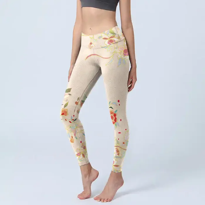 Buddha Stones Apricot Butterfly Peony Flowers Leaves Print Gym Leggings Women‘s Yoga Pants