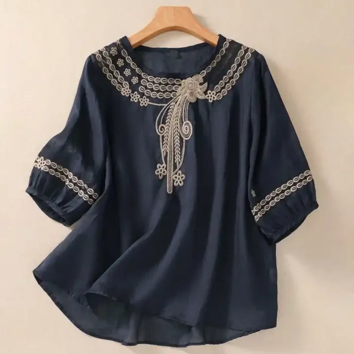 Buddha Stones Artistic Plain Floral Embroidered Design Crew Neck Puff Half Sleeve Cotton Linen Women‘s T-Shirt