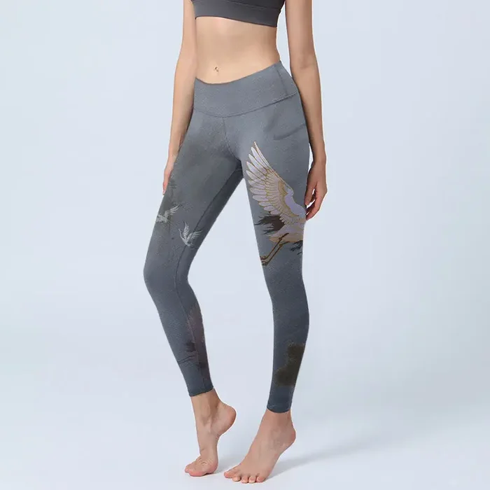 Buddha Stones Auspicious White Crane Pine Tree Print Gym Leggings Women‘s Yoga Pants