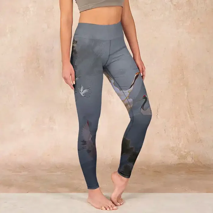 Buddha Stones Auspicious White Crane Pine Tree Print Gym Leggings Women‘s Yoga Pants
