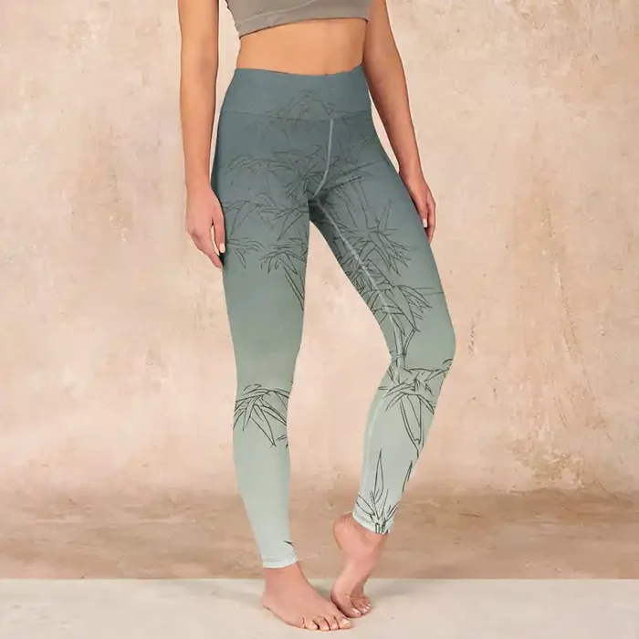 Buddha Stones Bamboo Leaves Sketch Print Sports Leggings Women‘s Yoga Pants